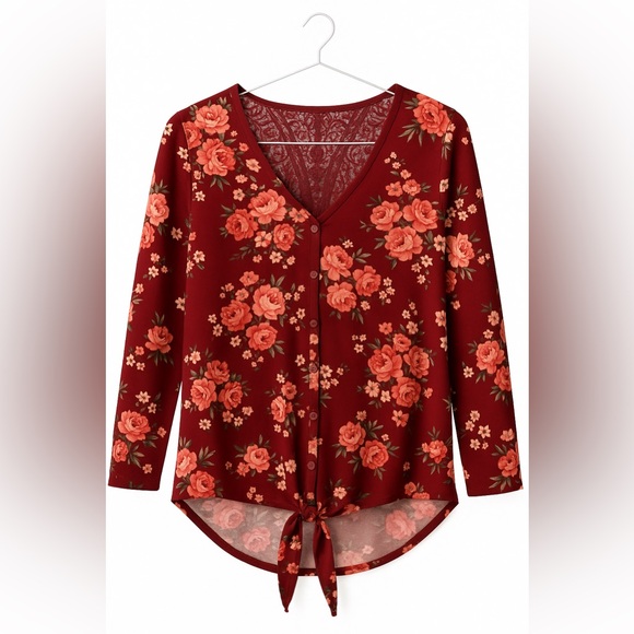 Floral V-Neck Button-Up Top - Picture 1 of 2